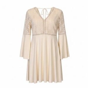 Beyond the Radar Cream Crochet Lace Bell Sleeve Mini Dress Suede-Like Texture L